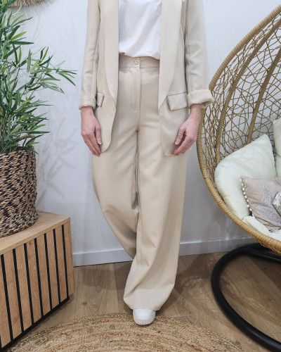 Pantalon femme fluide beige clair taille haute
