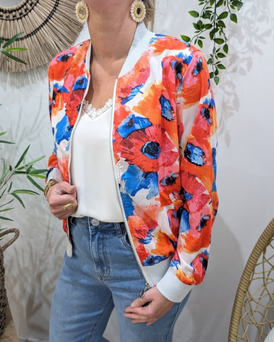 Bombers femme grosses fleurs orangées roses et bleues Rosaline