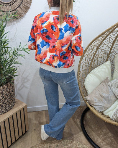 Bombers femme grosses fleurs orangées roses et bleues Rosaline