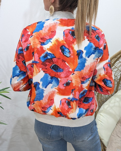 Bombers femme grosses fleurs orangées roses et bleues Rosaline