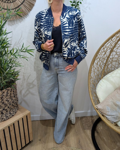 Bombers femme écru feuillages marine