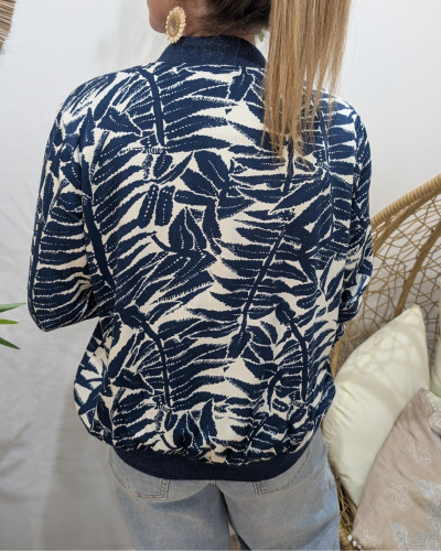 Bombers femme écru feuillages marine
