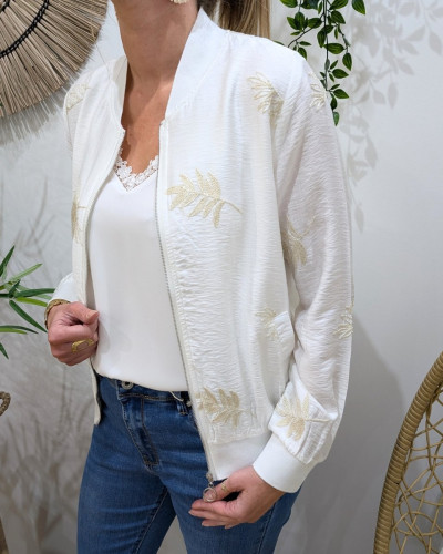 Bombers femme écru feuillages brodés dorés