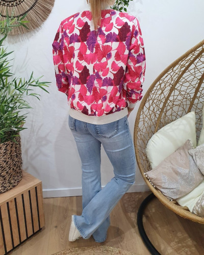 Bombers femme blanc fleurs roses fuchsia Myléna