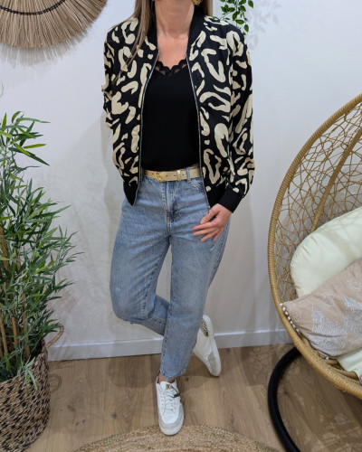 Bombers femme noir tacheté beige et liseré doré