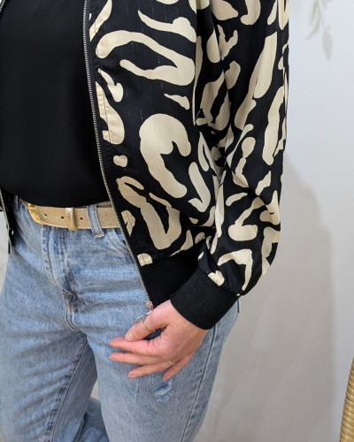 Bombers femme noir tacheté beige et liseré doré