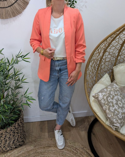 Blazer femme manches plissées corail