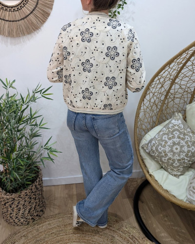 Bombers femme beige fleurs brodées marine Nessa