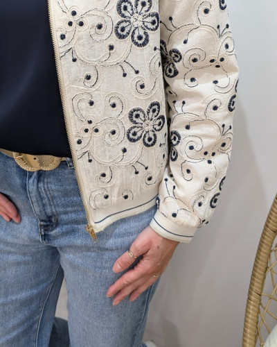 Bombers femme beige fleurs brodées marine Nessa