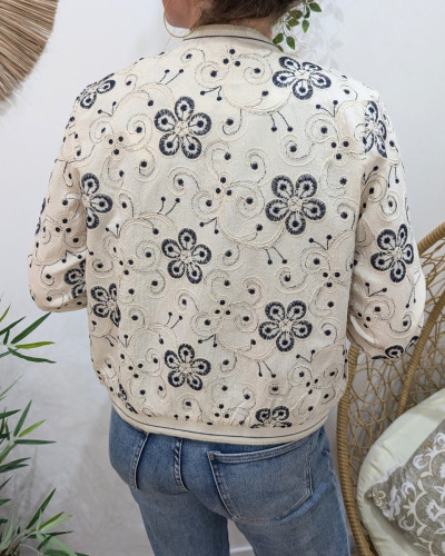 Bombers femme beige fleurs brodées marine Nessa