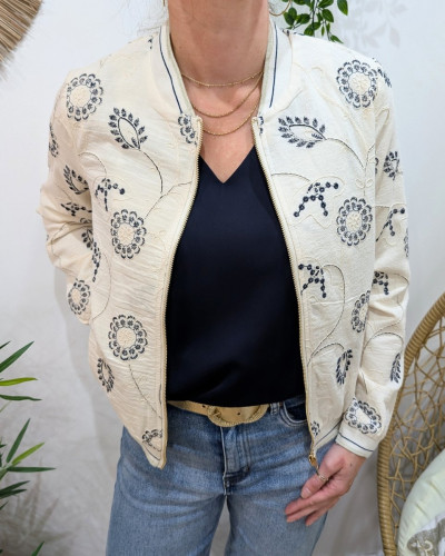 Bombers femme beige fleurs brodées marine Magdala