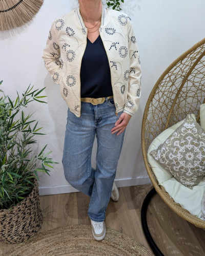 Bombers femme beige fleurs brodées marine Magdala