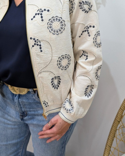 Bombers femme beige fleurs brodées marine Magdala