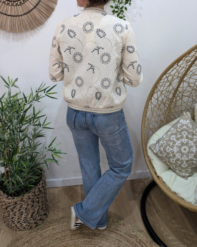 Bombers femme beige fleurs brodées marine Magdala