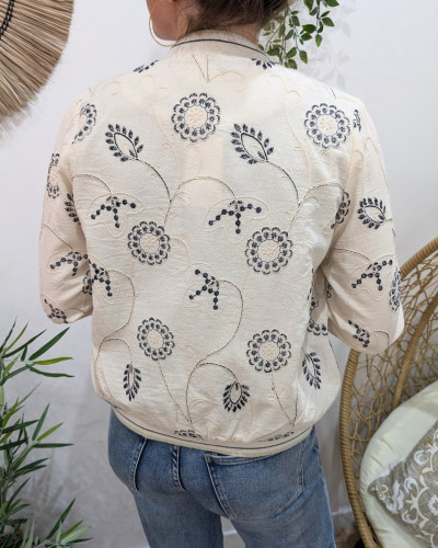Bombers femme beige fleurs brodées marine Magdala