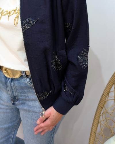 Bombers femme marine feuillages brodés dorés
