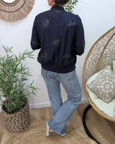 Bombers femme marine feuillages brodés dorés