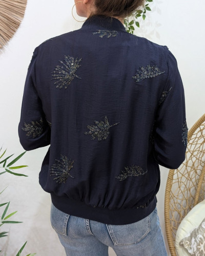 Bombers femme marine feuillages brodés dorés
