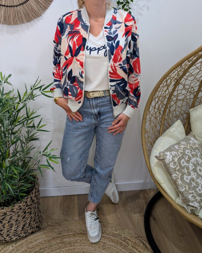Bombers femme blanc feuillages marines et rouges