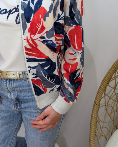 Bombers femme blanc feuillages marines et rouges