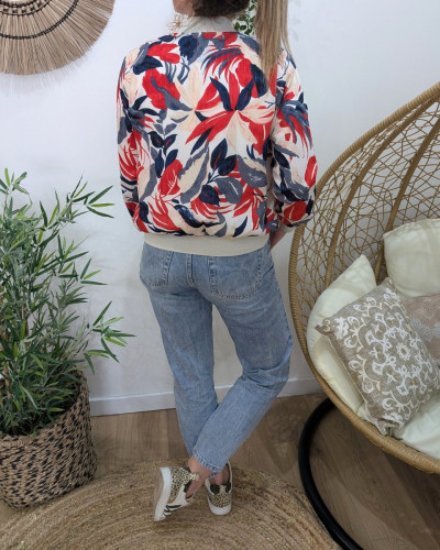 Bombers femme blanc feuillages marines et rouges