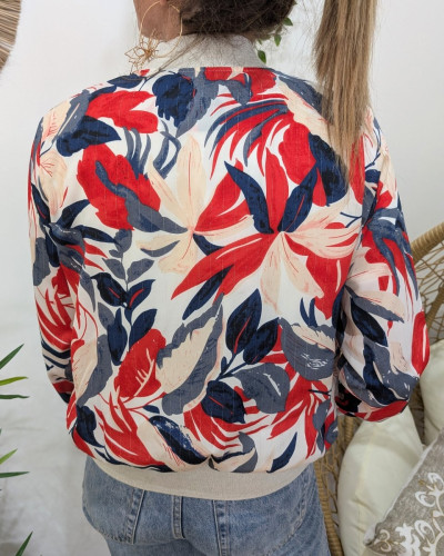 Bombers femme blanc feuillages marines et rouges