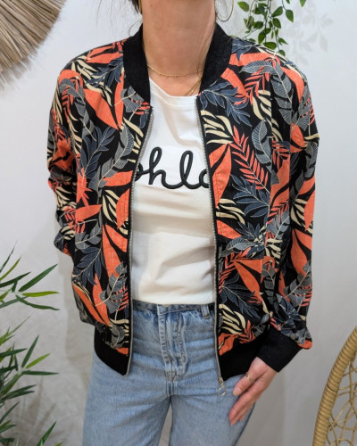 Bombers femme noir feuillages gris corail beiges
