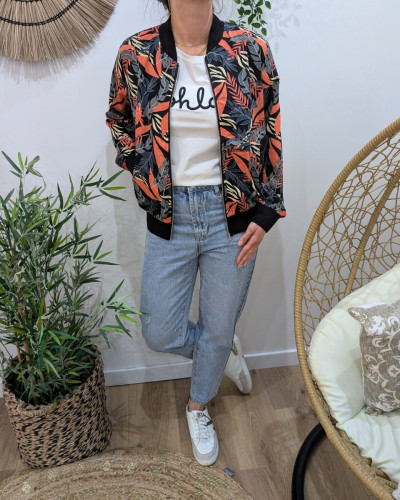 Bombers femme noir feuillages gris corail beiges