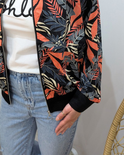 Bombers femme noir feuillages gris corail beiges