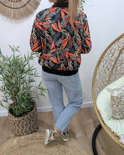 Bombers femme noir feuillages gris corail beiges