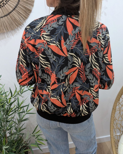 Bombers femme noir feuillages gris corail beiges