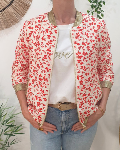 Bombers femme écru fleurs rouges Harmonie