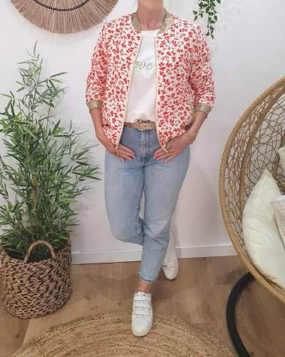 Bombers femme écru fleurs rouges Harmonie
