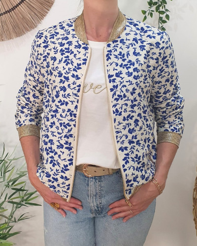 Bombers femme écru fleurs bleu électrique Harmonie