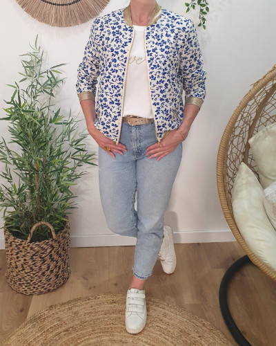 Bombers femme écru fleurs bleu électrique Harmonie