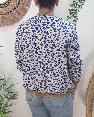Bombers femme écru fleurs bleu électrique Harmonie