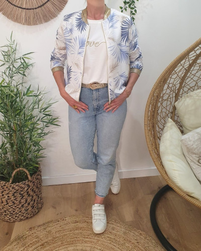 Bombers femme écru feuillages bleus et beiges Ombelline
