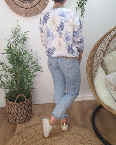 Bombers femme écru feuillages bleus et beiges Ombelline