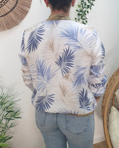 Bombers femme écru feuillages bleus et beiges Ombelline