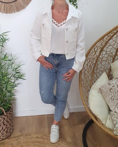 Veste femme courte blanche boutons strass