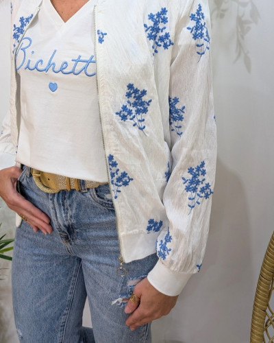 Bombers femme blanc fleurs brodées bleu