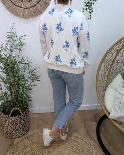 Bombers femme blanc fleurs brodées bleu