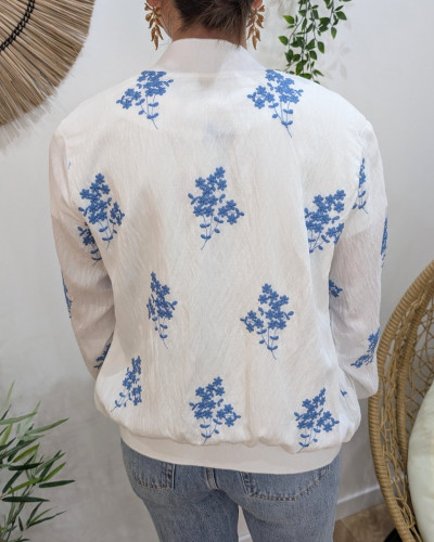 Bombers femme blanc fleurs brodées bleu