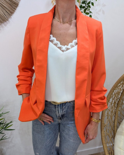 Blazer femme manches plissées orange corail