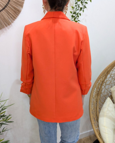 Blazer femme manches plissées orange corail