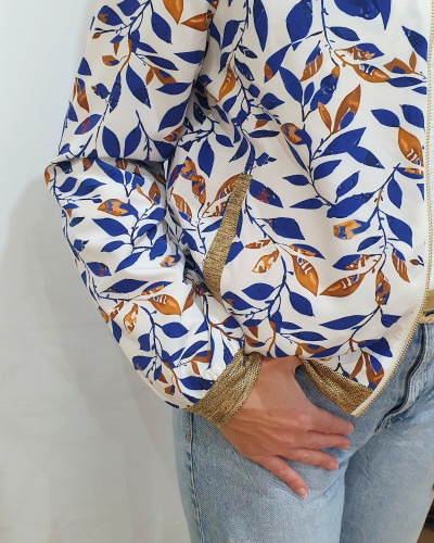 Bombers femme blanc feuilles bleu roi et marron