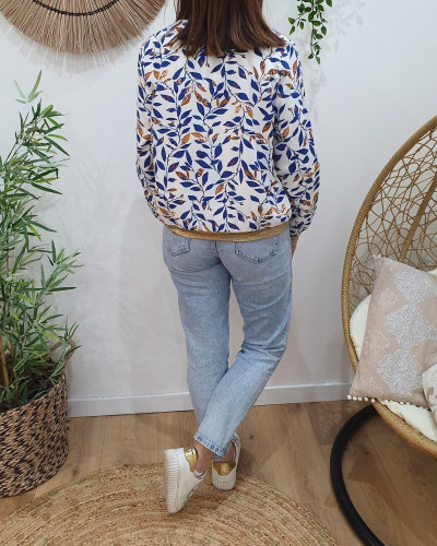 Bombers femme blanc feuilles bleu roi et marron