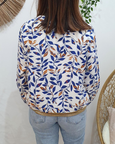 Bombers femme blanc feuilles bleu roi et marron