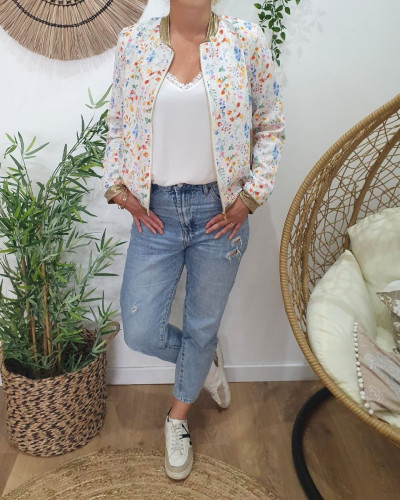 Bombers femme écru fleurs multicolores Mélinaé