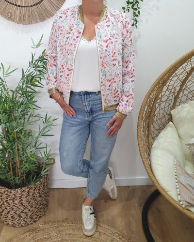 Bombers femme écru fleurs roses mauves vertes Mélinaé